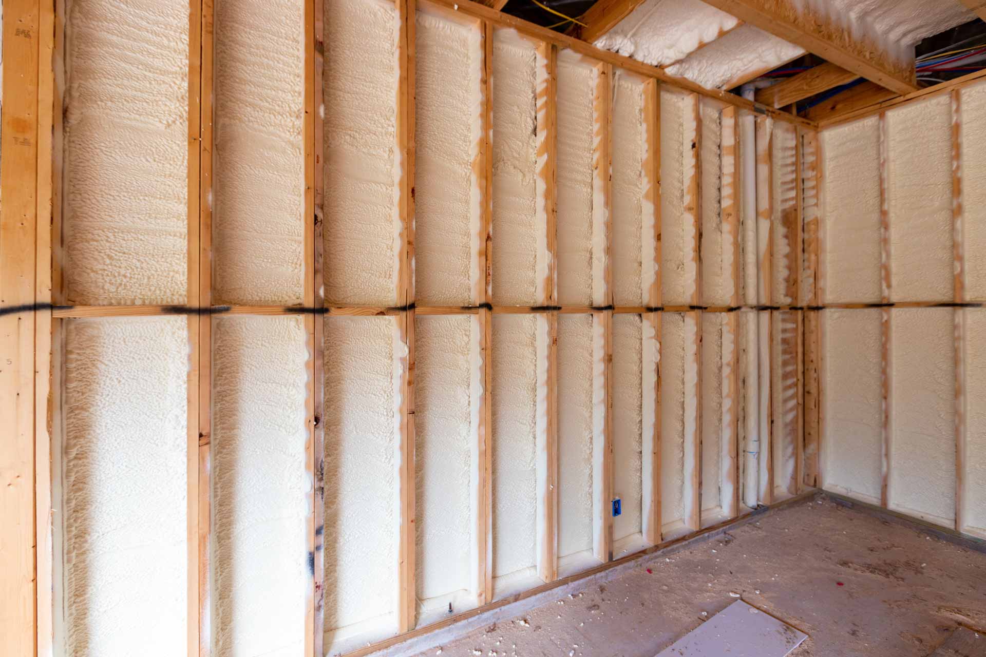 Interior of new construction with spray foam insulation